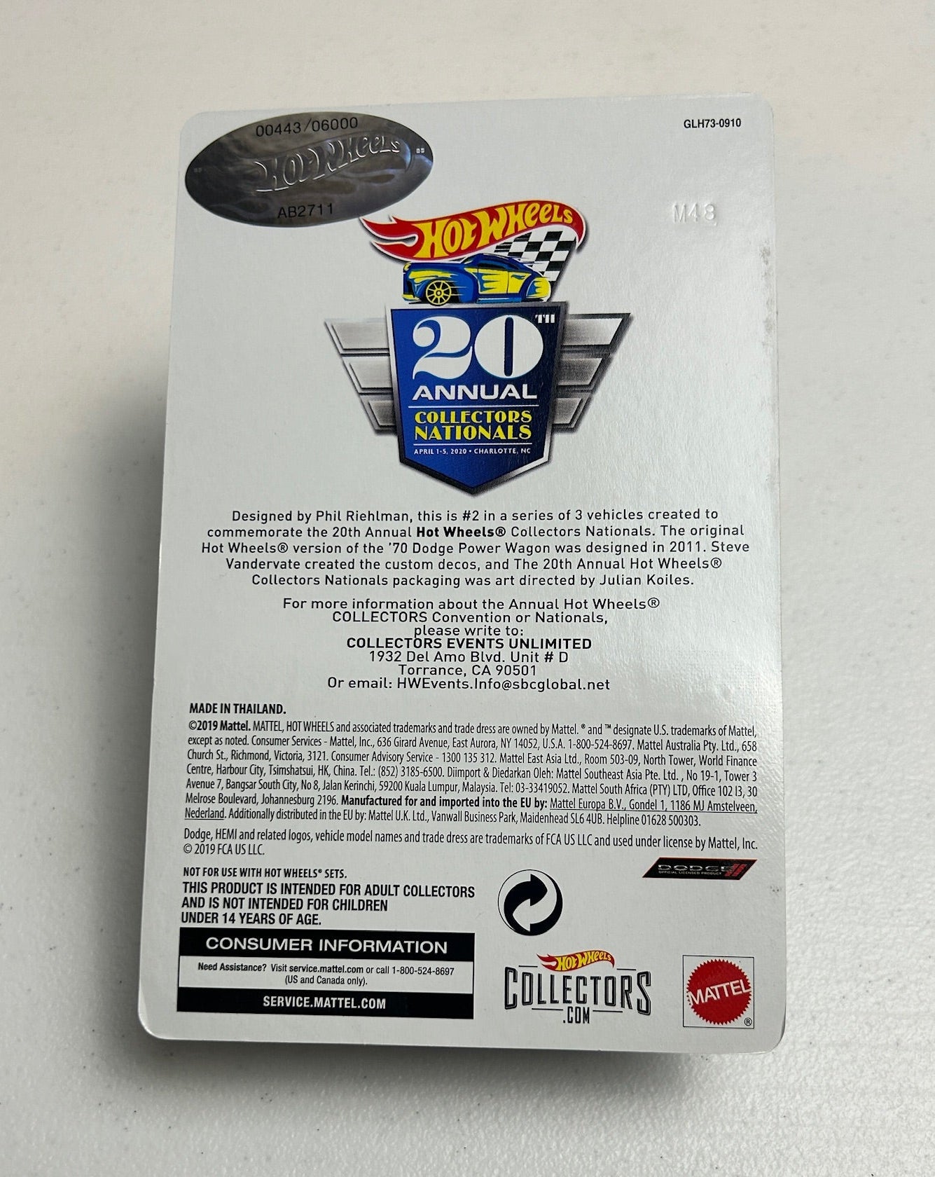 Hot Wheels 1:64 20th Annual Collectors Nationals '70 Dodge Power Wagon #443/6000