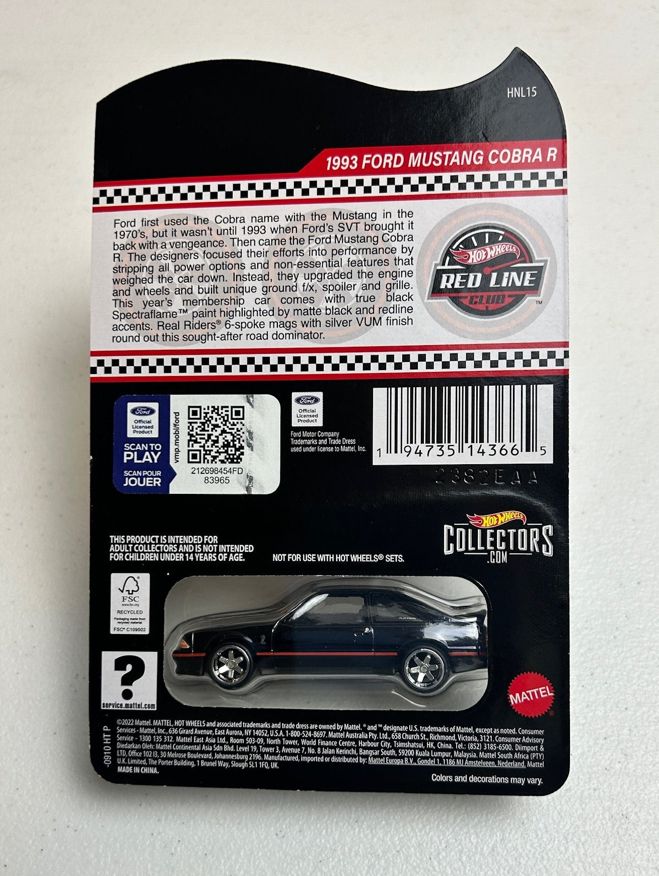 Hot Wheels 1:64 RLC Club Exclusive - 1993 Ford Mustang Cobra R - Black