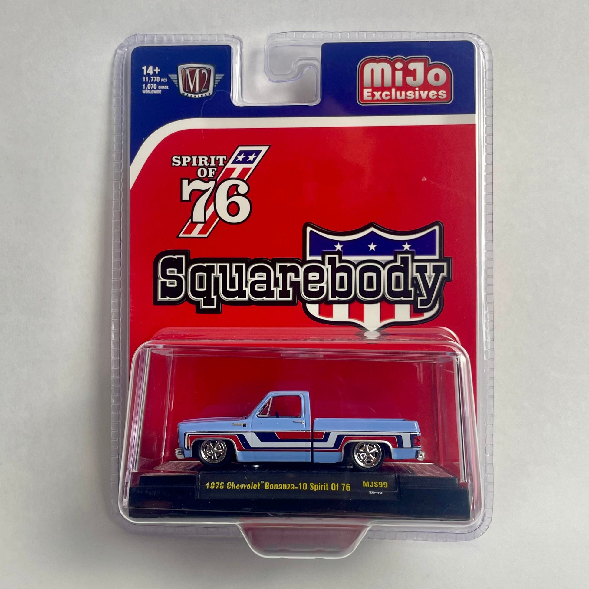 A packaged die-cast model truck in a clear blister pack on a red and blue backing card. The product is a 1976 Chevrolet Monte Carlo SS 1/24 scale model, branded by MiJo Exclusives and Squarebody.