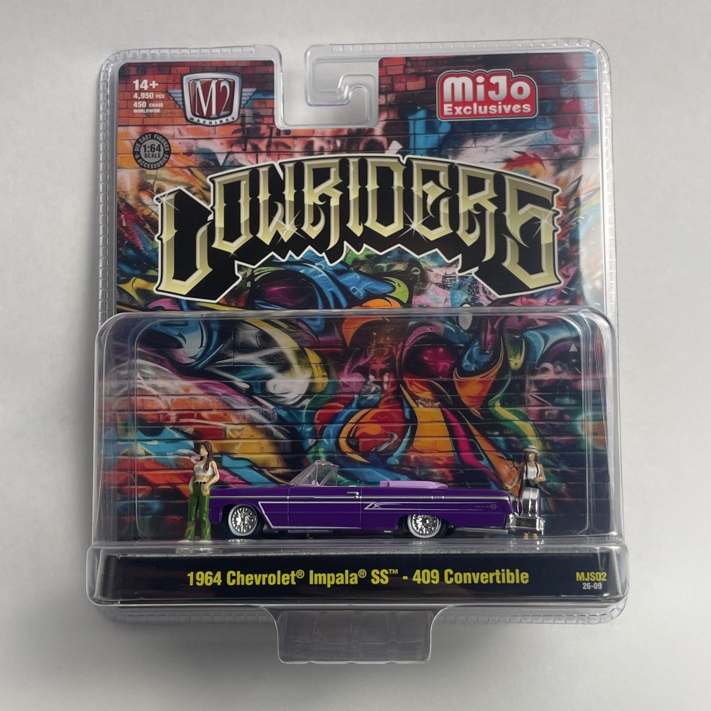 A packaged miniature toy car set from MiJo Exclusives featuring a 1964 Chevrolet Impala SS 400 Convertible. The toy car is purple with green and white details, displayed inside a clear blister pack with a colorful graffiti-art backing card and a 'Long Riders' logo.