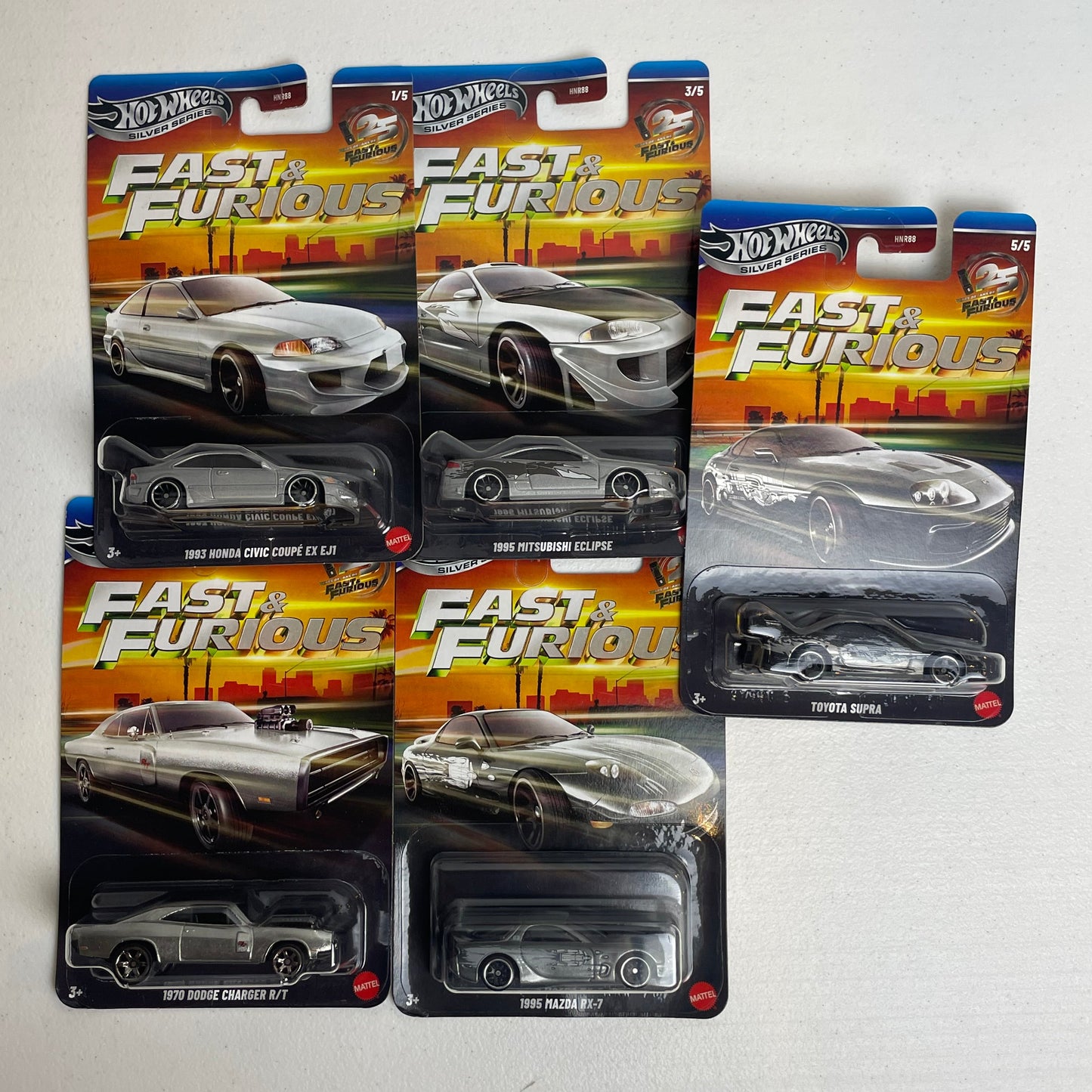 Hot Wheels 1:64 Fast & Furious Silver Series 25th Anniversary Silver Set of 5