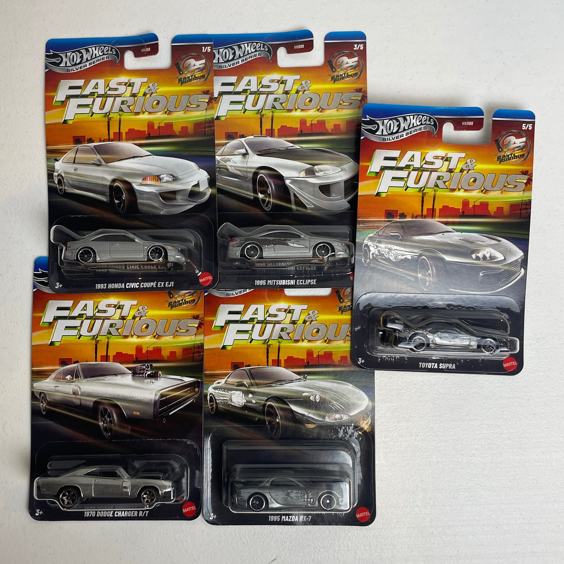 Hot Wheels 1:64 Fast & Furious Silver Series 25th Anniversary Silver Set of 5