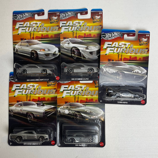 Hot Wheels 1:64 Fast & Furious Silver Series 25th Anniversary Silver Set of 5