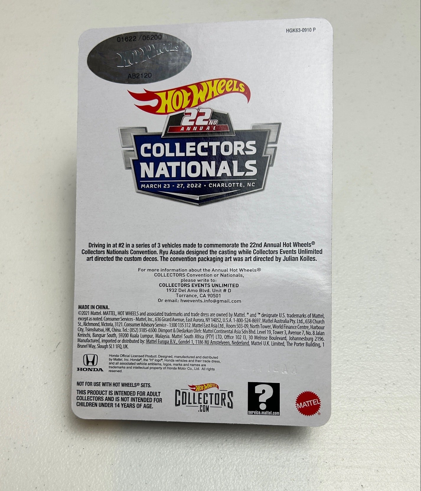 Hot Wheels 1:64 22nd Collectors Nationals Honda S2000 #1622/6200