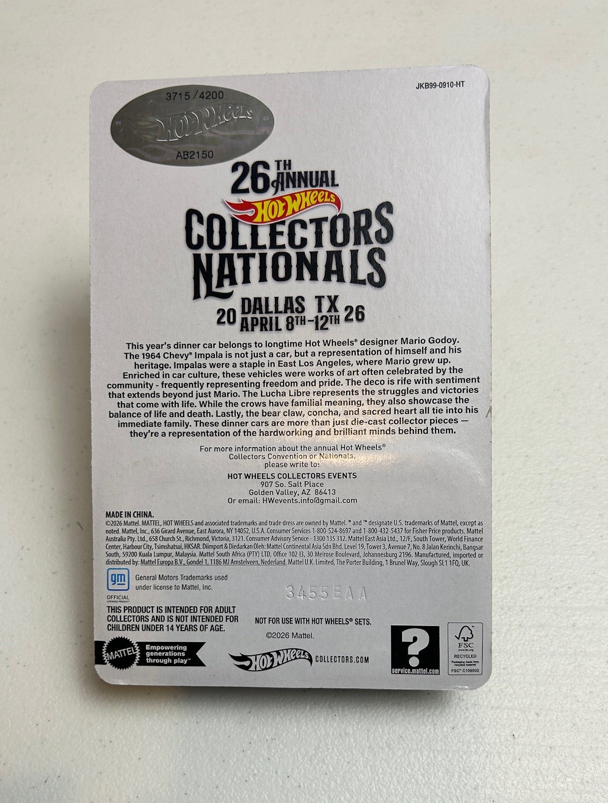 Hot Wheels 1:64 26th Collectors Nationals 1964 Chevy Impala #3715/4200