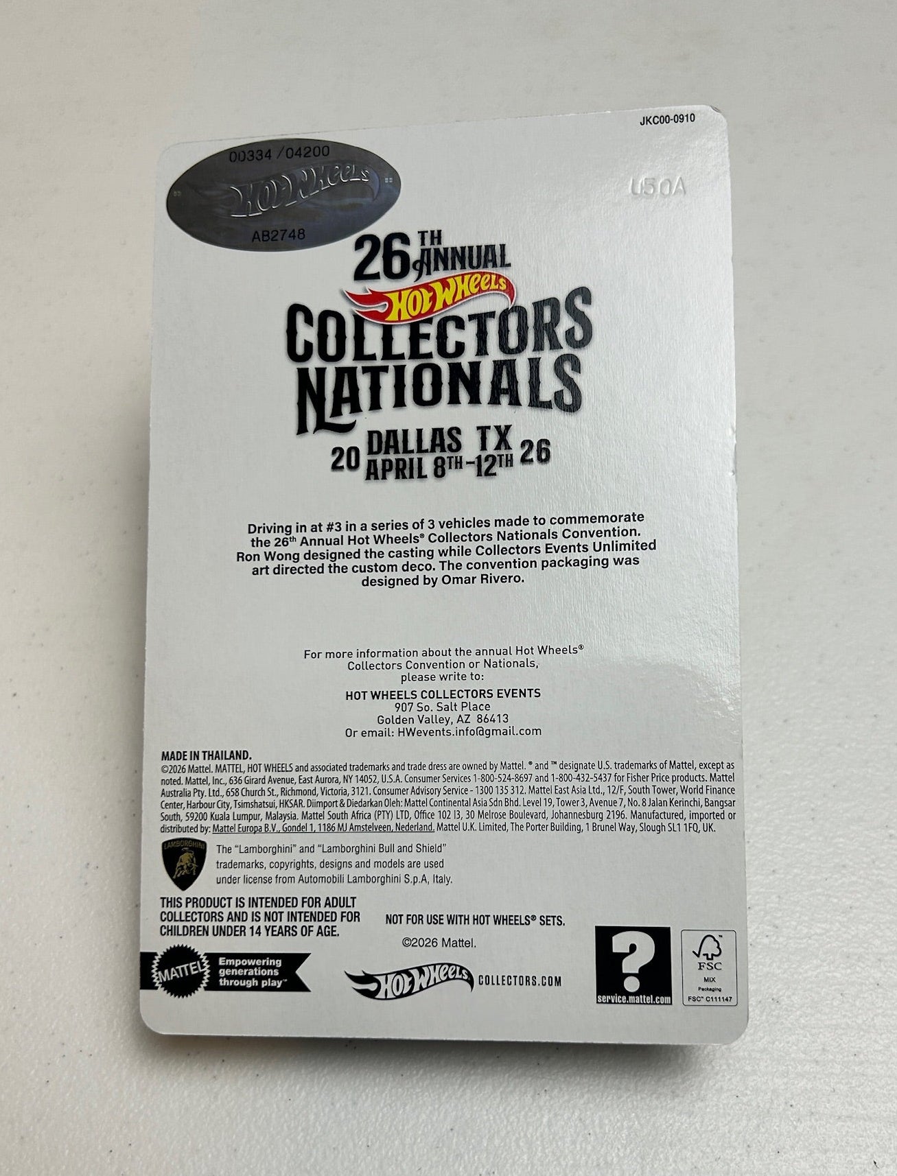 Hot Wheels 1:64 26th Collectors Nationals 1995 Lamborghini Diablo SV #334/4200