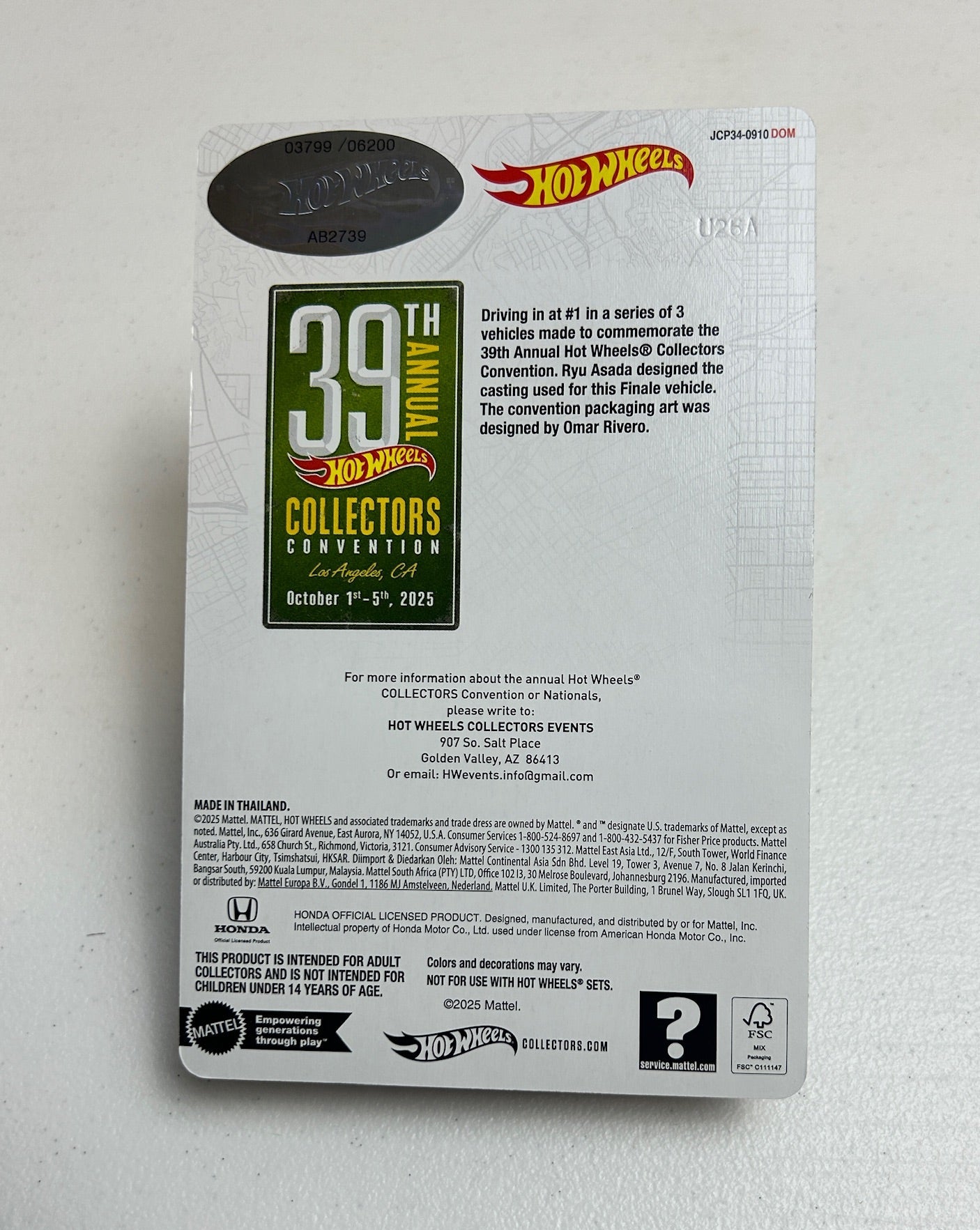Hot Wheels 1:64 39th Collectors Convention '99 Honda Civic Type R (EK9) #3799/6200